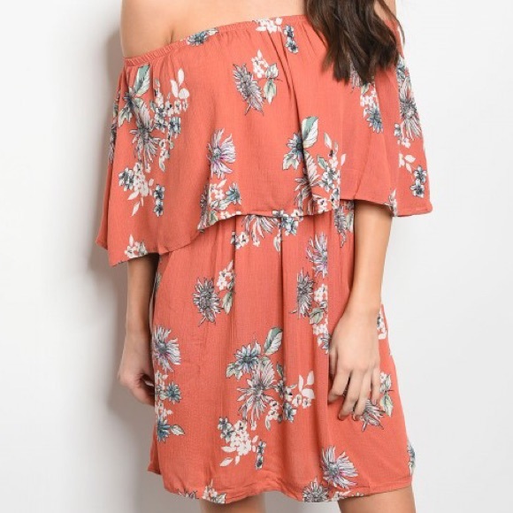 Light Orange Floral Off Shoulder Ruffle Dress - Picture 3 of 4